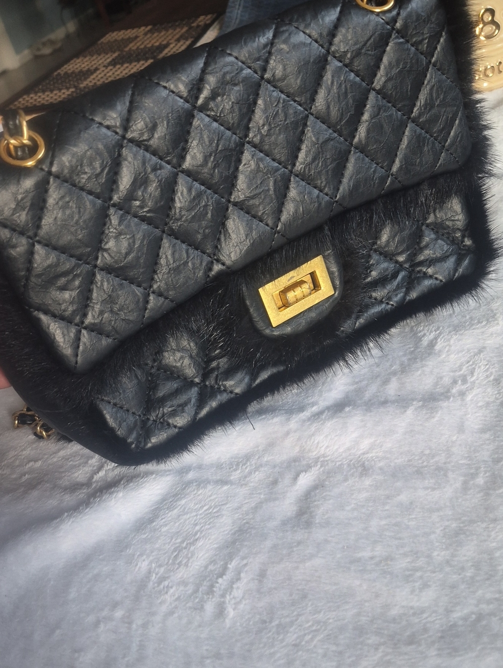 Women Black Quilted Shoulder Bag with Fur Trim and Gold Hardware